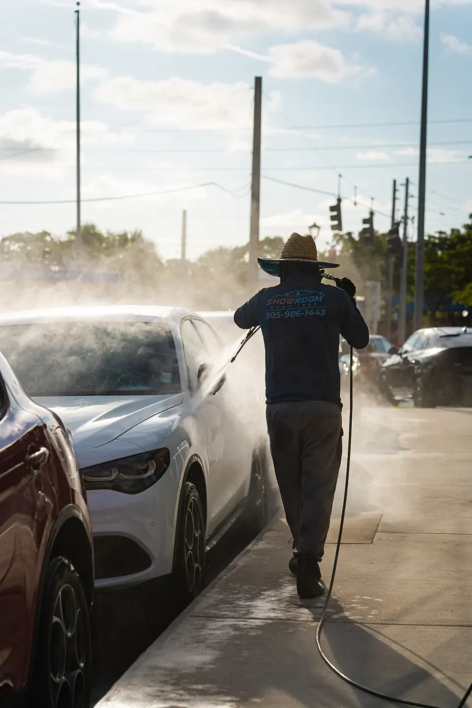Crew washing dealership fleet at high volume